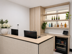Reception desk and timber cabinetry at Dental Lounge Bowral.