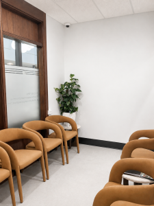 Waiting area at Dental Lounge Bowral with tan chairs and indoor plants.
