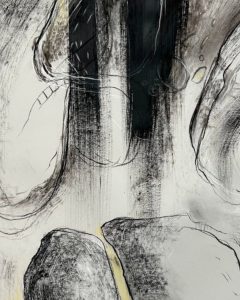 Abstract charcoal drawing by Southern Highlands artist Bruce Woods featuring layered textures and organic forms