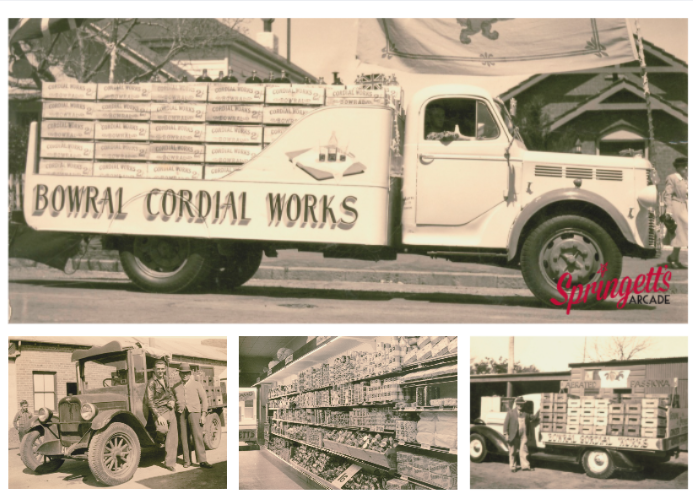 Historic postcard collage showing Bowral Cordial Works trucks, soft drink crates and shelves of bottled products from the Springett family business, circa 1946–1956.