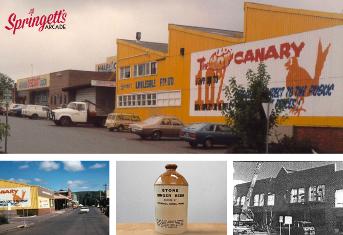 Historic postcard collage showing the bright yellow Hot Canary supermarket and former Springett’s retail buildings in Bowral, with parked cars, street views and a stone ginger beer jar, representing the Springett family business circa 1966–1976.