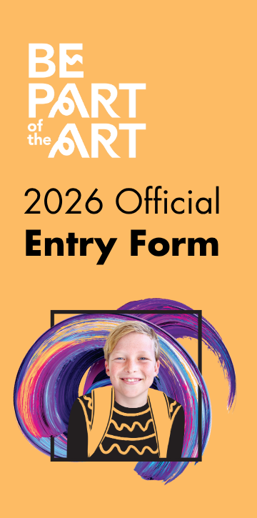 Be Part of the Art 2026 official entry form banner featuring a smiling student in front of colourful painted brushstrokes on a warm orange background.