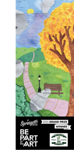 2025 Be Part of the Art Grand Prize winning artwork by Nevaeh Dewhurst from Mittagong Public School, featuring a colourful Southern Highlands landscape with trees, hills, water and a park bench.