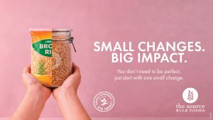 Small Changes Challenge Bowral promotion for The Source Bulk Foods at Springett’s Arcade showing a pantry swap from packaged rice to a reusable jar.
