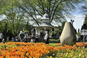 The Harry Springett Rotunda in Corbett Gardens, Bowral, surrounded by seasonal tulip displays and visitors.