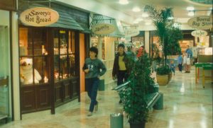Interior view of Springett's Arcade in the 1980s showing shoppers and retail stores in Bowral.