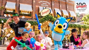 Springett's Arcade Community Day 2026 promotional banner featuring Bluey, magician Bruce Glen, face painting, balloons and the centenary celebrations in Bowral.