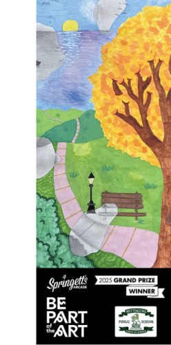 2025 Be Part of the Art Grand Prize winning artwork by Nevaeh Dewhurst from Mittagong Public School, featuring a colourful Southern Highlands landscape with trees, hills, water and a park bench.